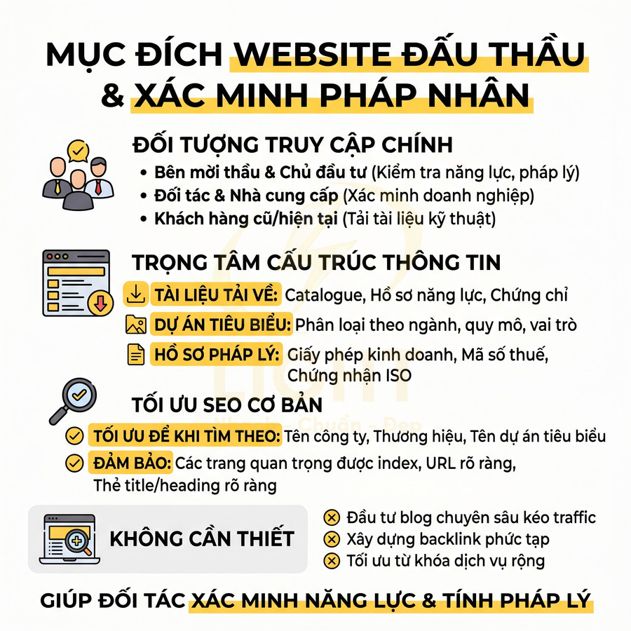 Nội dung hướng dẫn xây dựng website đấu thầu và xác minh pháp nhân, tập trung cấu trúc thông tin và tối ưu SEO